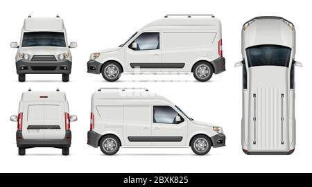 Mini cargo van vector mockup for vehicle branding, advertising, corporate identity. All elements in the groups on separate layers for easy editing Stock Vector