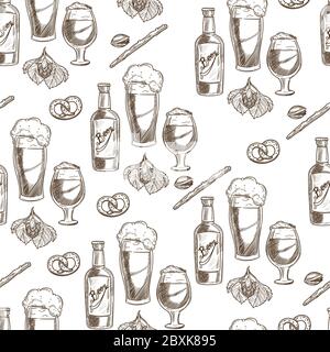 Beer poured in glass, alcoholic beverage and pretzels Stock Vector