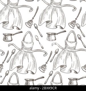 Apron for cooking, whisk and cezve seamless pattern Stock Vector