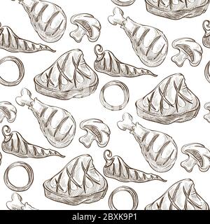 Grilled meat steak, barbequed vegetables food seamless pattern Stock Vector