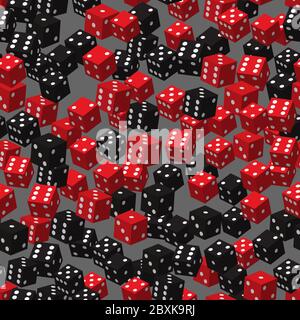 Red Black Dice Seamless Pattern, 3D Illustration on Gray Background Stock Vector