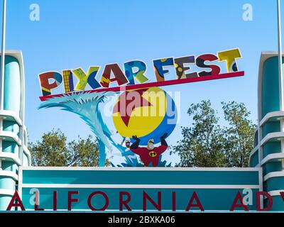 ANAHEIM, CALIFORNIA - May 25th, 2018 - Disney California Adventure entrance with Pixar Fest sign in the Disneyland Resort. Stock Photo