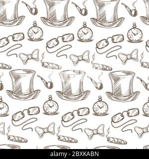 Retro top hat and glasses, accessories of gentleman seamless pattern Stock Vector