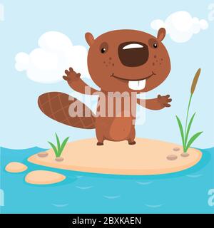 Cute cartoon beaver standing. Vector illustrated. Stock Vector