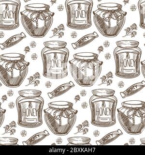 Organic honey, natural product in glass jar seamless pattern Stock Vector