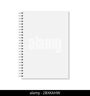 Vector realistic closed notebook. Vertical blank copybook with metallic silver spiral. Template of organizer or diary isolated. Stock Vector