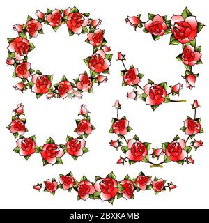 Beautiful Red Rose Flower Wreath, divider etc In Tattoo Style. Vector Illustration. Stock Vector