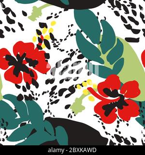 Red poppies and leaves against abstract background, seamless pattern Stock Vector