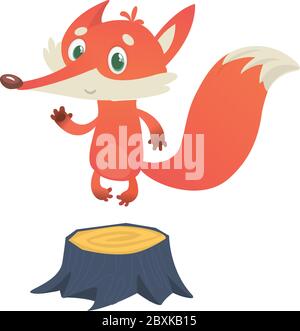 Cute cartoon  fox character standing on the stump. Vector illustration Stock Vector