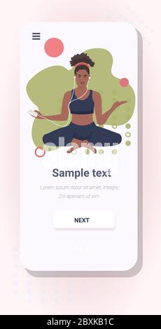 woman doing yoga exercises healthy lifestyle concept african american girl meditating in lotus pose smartphone screen vertical full length copy space vector illustration Stock Vector