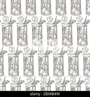 Alcoholic beverage with ice cubes and mandarin slice seamless pattern Stock Vector