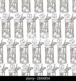 Alcoholic beverage with ice cubes and mandarin slice seamless pattern Stock Vector