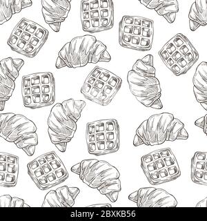 Croissants and waffles, desserts baked food seamless pattern Stock Vector
