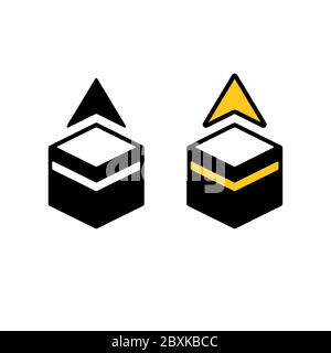 Qibla, Muslim prayer direction. Simple pictogram icon of Kaaba in Mecca with pointing arrow. Black and white and golden color vector pictogram. Stock Vector