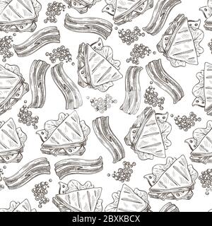 Sandwich with vegetables, bacon food monochrome seamless pattern Stock Vector