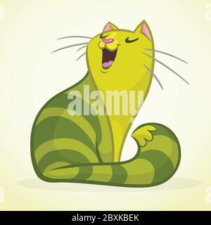 Vector illustration of a green and fat  singing cat. Fat striped cat cartoon Stock Vector