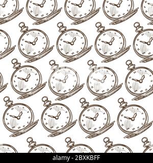 Vintage pocket watch showing time, monochrome seamless pattern Stock Vector