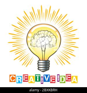 Light bulb lamp with brain inside creative idea concept. Vector illustration. Stock Vector