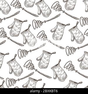 Whisk and baking glove, textile mitten seamless pattern Stock Vector
