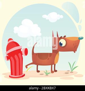 Cartoon funny brown pitbull dog pees on hydrant. Vector illustration Stock Vector