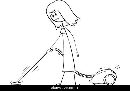 Vector cartoon stick figure drawing conceptual illustration of woman vacuuming or cleaning the floor or carpet with vacuum cleaner or hoover. Stock Vector