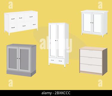 Different Designs of Wardrobes or Closets. Set of Wooden Furniture. Vector Illustrations Stock Vector