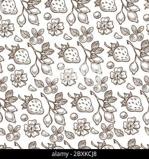 Strawberries and eglantine, flowers and berries seamless pattern Stock Vector