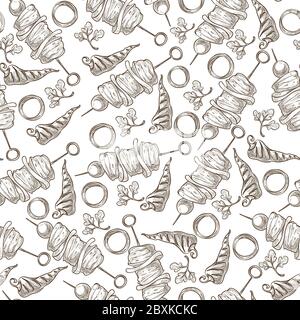 Grilled meat and onion rings, skewers food seamless pattern Stock Vector