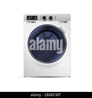realistic washing machine isolated on white background front view of steel washer domestic household appliance concept vector illustration Stock Vector