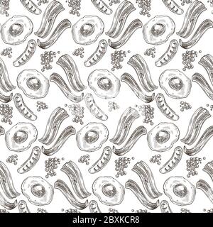Bacon and egg, grilled sausages meal seamless pattern Stock Vector