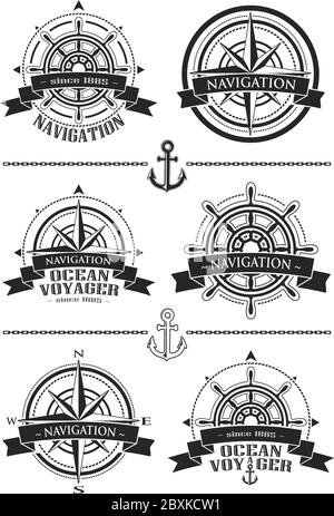 Nautical logos with windrose and steering wheel vector Stock Vector