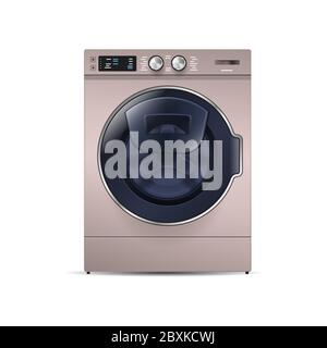 realistic washing machine isolated on white background front view of steel washer domestic household appliance concept vector illustration Stock Vector