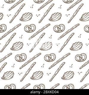 Traditional German baked pretzels, salty sticks seamless pattern Stock Vector