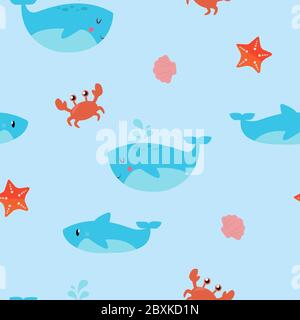 Childish Sea Seamless Pattern Wallpapaper or Background, with Sharks, Whales, Crabs and Starfishes Stock Vector