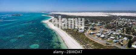 Aerial view of the small town of Lancelin in Western Australia, famous for the turquoise clear waters and sand dunes behind the town which can be surf Stock Photo