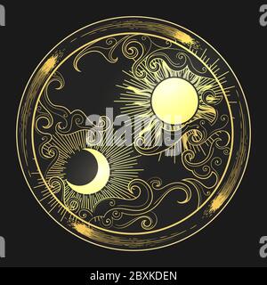 Hand drawn decorative graphic design element in oriental style. Sun, Moon, clouds and comets. Vector illustration. Stock Vector