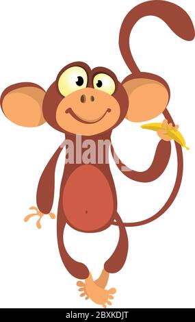 Cartoon monkey vector illustration. Cute primate monkey holding banana.Zoo chimpanzee monkey flat vector character. Monkey icon Stock Vector