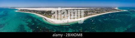 Aerial view of the small town of Lancelin in Western Australia, famous for the turquoise clear waters and sand dunes behind the town which can be surf Stock Photo