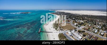 Aerial view of the small town of Lancelin in Western Australia, famous for the turquoise clear waters and sand dunes behind the town which can be surf Stock Photo