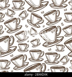 Coffee mug seamless pattern. Trendy hand drawn tea cups with ornaments ...