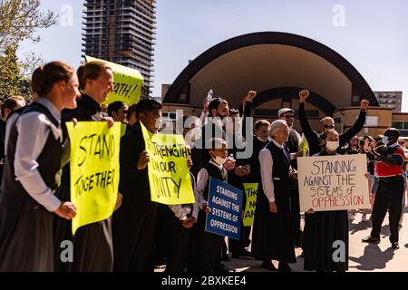Black lives matter rally in London Ontario gathers near 10 thousand peaceful protesters who march Victoria Park and Downtown Stock Photo