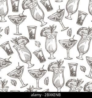 Alcoholic cocktails served in glasses with straws seamless pattern Stock Vector