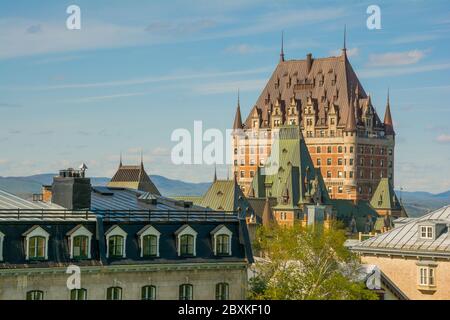 Chateau Frontenac hotel central tower and surrounding houses in Old Quebec city, Canada Stock Photo
