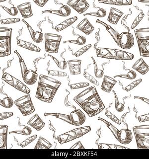 Glass of cognac with ice, cigarette seamless pattern Stock Vector