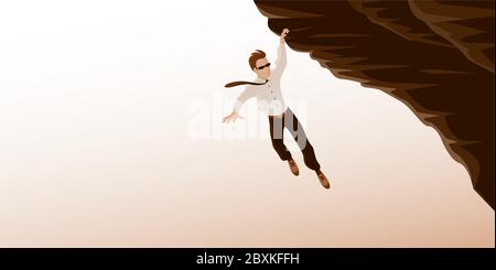 Businessman hanging on the edge of a cliff. Stock Vector