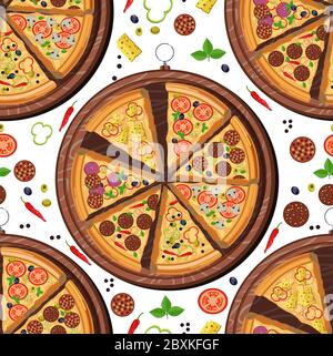 Pizza slices on wooden tray, Italian dish seamless pattern Stock Vector