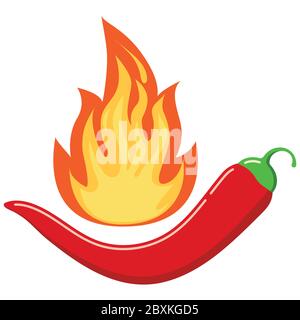 Red chilli pepper in hot burned fire flame icon isolated on white background. Stock Vector