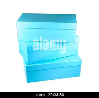 close up of a stack of cardboard boxes on white background Stock Photo