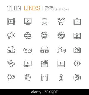 Collection of movie related line icons. Editable stroke Stock Vector