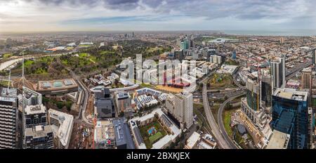 Melbourne Australia July 18th 2019: Panoramic view of Melbourne from 108 Southbank Boulevard; view encompasses the MCG, AAMI stadium and the bay